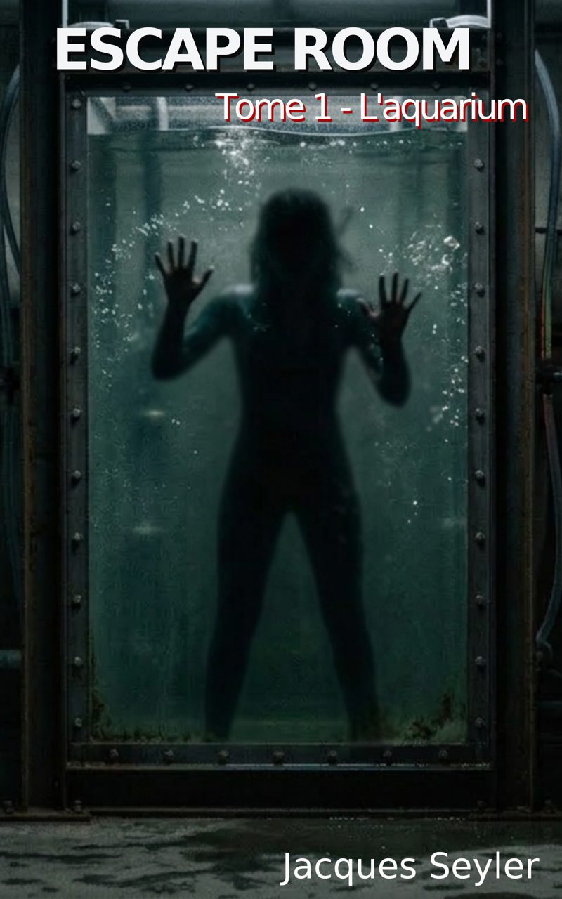 Couverture d'Escape Room, Tome 1 : L'aquarium — une silhouette prisonnière d'une cage en verre remplie d'eau